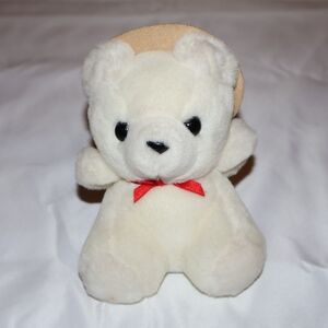 Vintage White Teddy Bear with Red Bow and Brown Hat